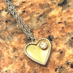 Vintage gold tone heart & silver necklace crystal